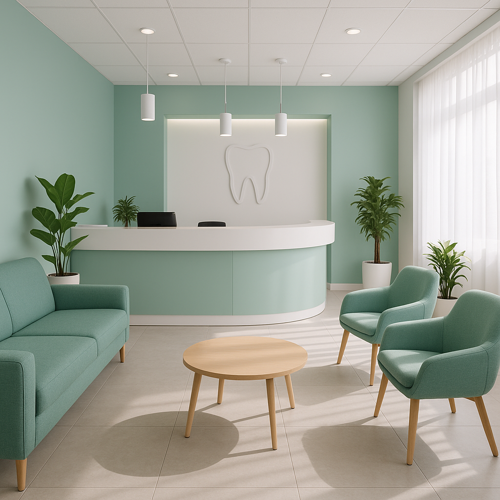 Recepción moderna de la clínica odontológica con tonos verde menta y blanco