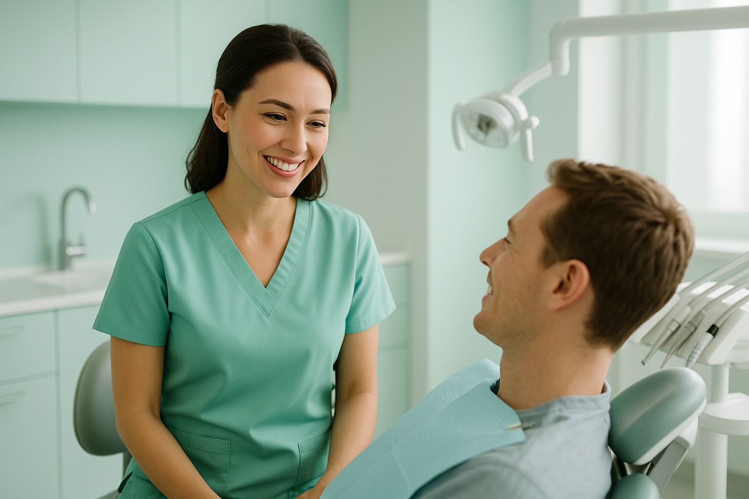 Odontóloga sonriente atendiendo a un paciente en un consultorio moderno y luminoso de tonos verde menta